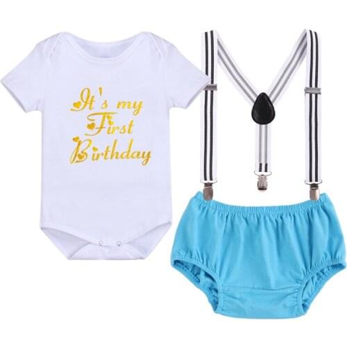 3pcs Set Cute Baby Boy Girl Clothes for 1st Birthday Party letter print Short Sleeve Bodysuit Suspenders Pants Cake Smash Outfit