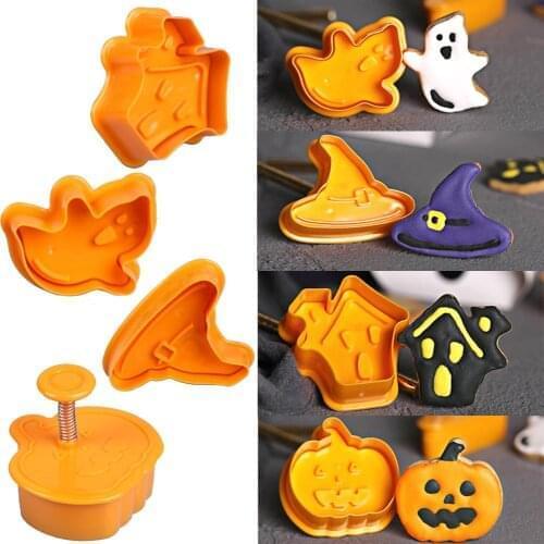 4pcs Halloween Pumpkin Ghost Theme Plastic Cookie Cutter Plunger Chocolate Cake Decorating BakingTools