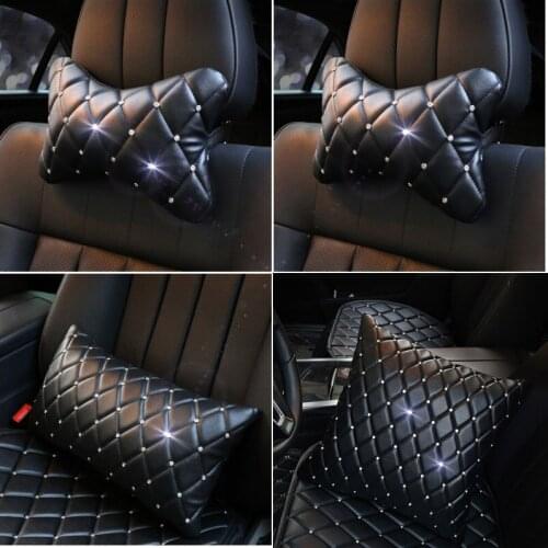 Diamond Leather Car Headrest Neck Pillow Waist Support Crystal Rhinestones Car Seat Cushion Covers Styling Interior Accessories