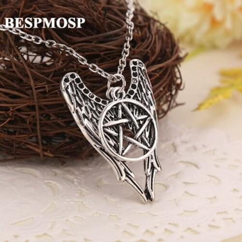 Bespmosp 24PC/Lot Wholesale Antique Supernatural Pentagram Pentacle Angel Wings Pendant Necklace Vintage Women Men Jewelry Charm