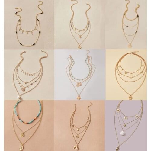 Tocona Bohemian Moon Pendant Necklace for Women Colorful Bead Flowers Virgin Mary Multilayer Chain Choker Bohemian Jewelry