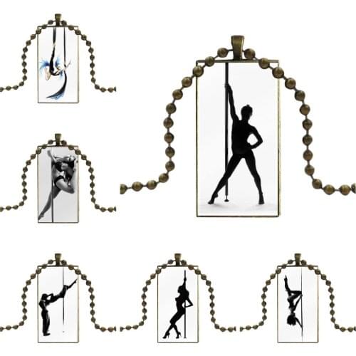 For Women Wedding Gift Fashion Pole Dance Dancing Fitness Design Fashion Vintage Glass Women Rectangle Necklace Pendants