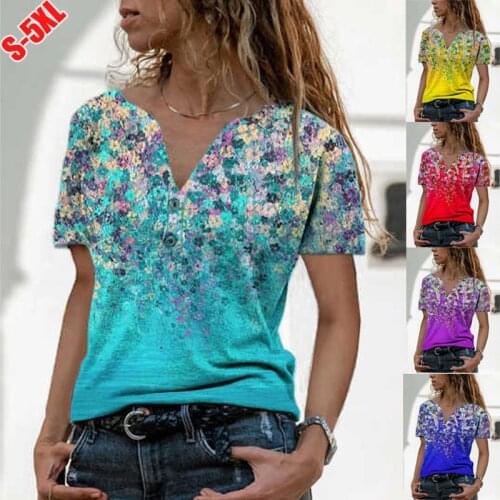 Oversized Women T-Shirts Short Sleeve Fashion Tee Summer Casual V-Neck Tops High Street Flower Print Lady T-Shirt Plus Size 5XL