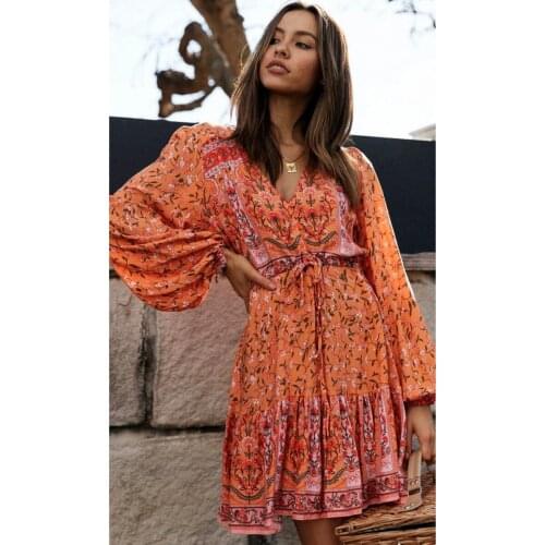Jastie V-neck Boho Girls Dream Dress for Women Mini Dresses Spring Autumn Long Balloon Sleeves Short Dress Beach Vestidos 2021