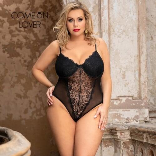 Womens Lace Bodysuit Plus Size Transparent Body Spaghetti Strap Mesh Bodysuit Underwired Push Up Black Jumpsuit RE80959