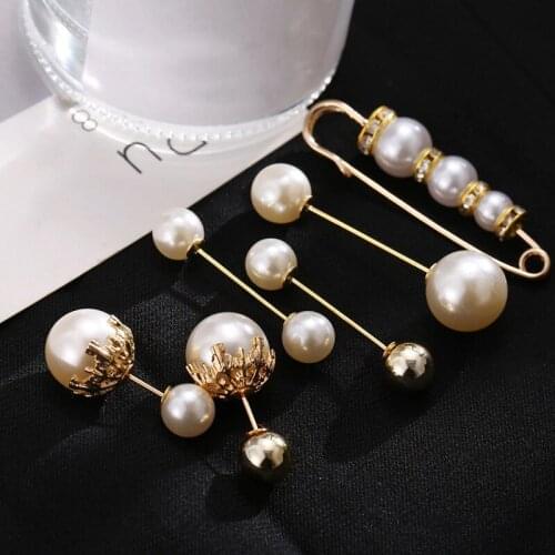 6Pcs/Set 2021New Arrival Elegant Double Pearl Brooh Pin Set Sweater Clothes Decoration Pins Tightening Waistband Crystal Jewelry