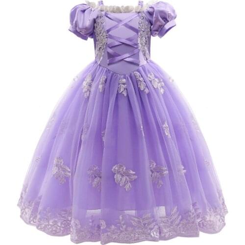 Girls Light purple puff sleeve one-shoulder lace embroidery dress sweet princess style 2021 new girls dresses
