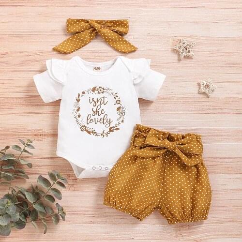 PatPat 2020 New Summer 3-piece Letter Print Bodysuit and Dotted Shorts Set Baby Toddler Girl Sets Baby Clothes