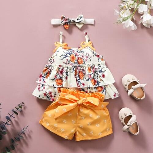 3pcs Girl’s Summer Two Piece Set Fashion Flower Bow Suspender Tops and Bandage Short Pants Sunsuit