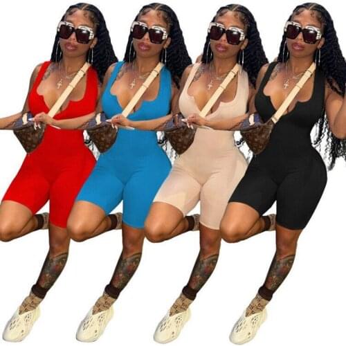 Fashion Women Short Jumpsuits 2021 Summer Solid Sleeveless V-Neck Skinny Nightclub Party Sport Shorts Active Rompers 4 Colors