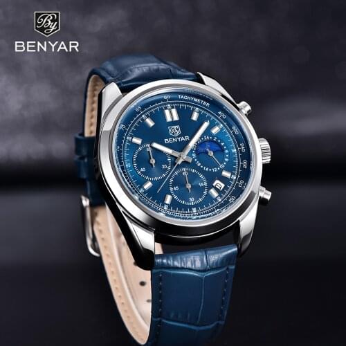 Benyar 2021 Fashion Brand Mens Luxury Quartz Watch High Quality Waterproof Leather Calendar Luminous Pointer Watch Reloj Hombre