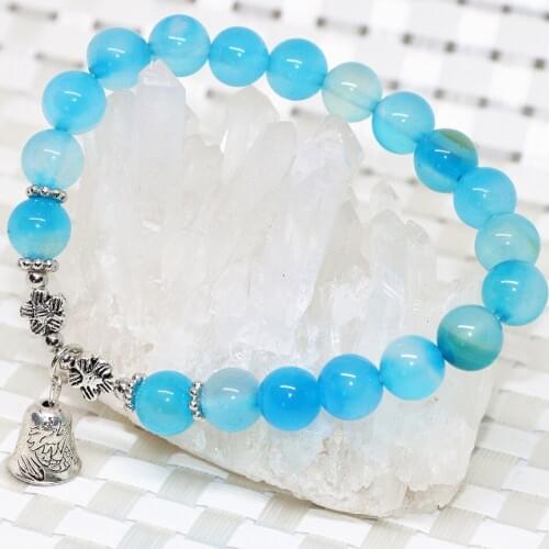 Natural Stone Sky Blue Onyx Carnelian Agat Round Beads Bracelets for Women 8mm High Quality Elegant Charms Jewelry 7.5inch B2057