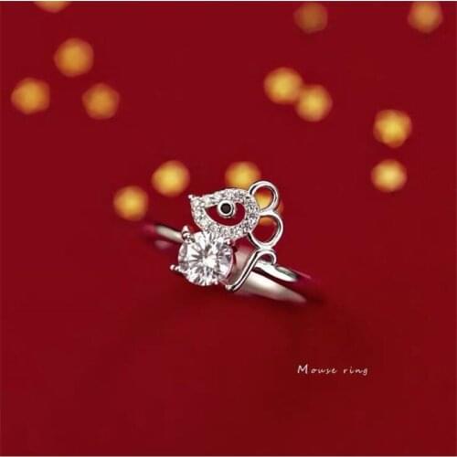 New Arrival Cute Mouse Crystal Flash Exquisite 925 Sterling Silver Jewelry Personality Luxury Animal Opening Rings SR610