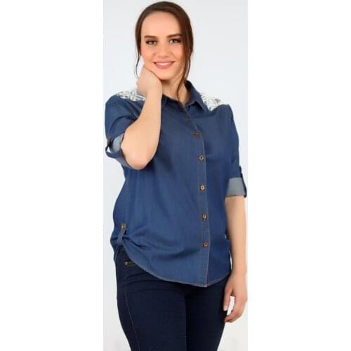 Pianoluce Women 'S Denim Back Robası Lace Shirt Navy Blue 4030
