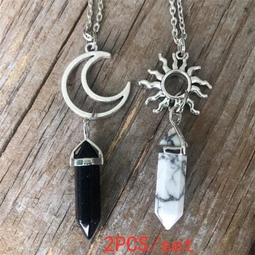 2PCS Natural Stone Hexagonal Column Crystal Pendant Sun and Moon Charm Best Friends Jewelry Bullet Stone Women BFF Gift