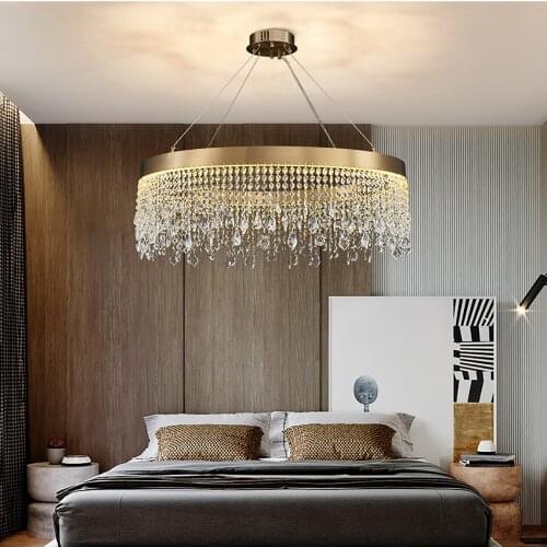 Modern living room crystal chandelier luxury dining room cristal lamp round brushed gold home decor LED hanging light fixture