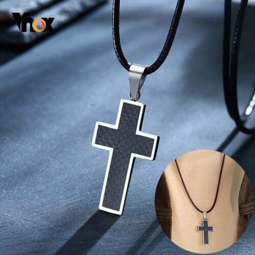 Vnox Mens Casual Cross Pendant Necklaces Black Carbon Fiber Stainless Steel Prayer Christian Gifts Jewelry