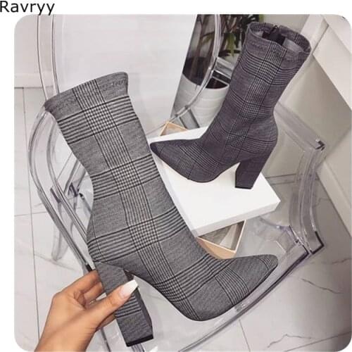 Plaid fabric Women short boots gray cloth woman ankle boot autumn winter fashion square heel pointed toe female shoes high heels