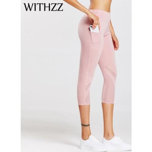 WITHZZ Womens Pink High Waist Peach Hip Elastic Fitness Running Pocket Sports Casual Mesh Stitching Leggings