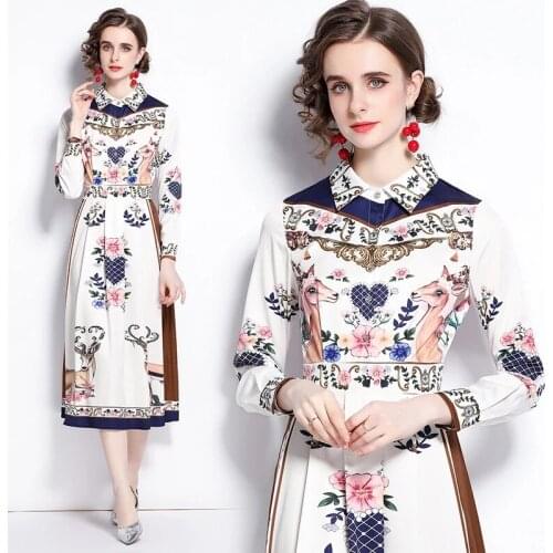 Women Fashion Animal Single Breasted High Waist Streetwear Party Vestidos Elegant Fixed Sika Deer Flower Print Dress 8406