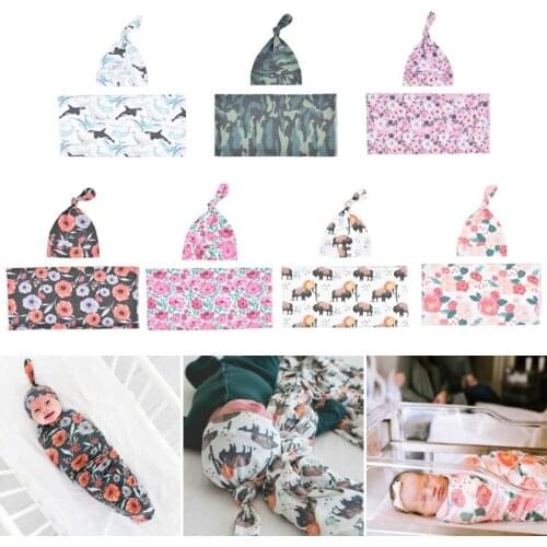 2 Pcs Baby Floral Receiving Blanket+Beanie Cap Infants Swaddle Wrap Turban Hat P31B