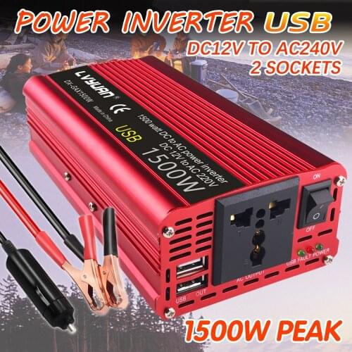 Dual USB 1500W 1500 Watt Portable Car Power Inverter Charger Converter Adapter DC 12V/24V to AC 110V/220V Modified Sine Wave