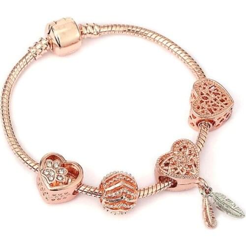 Rose Gold Color Hollow Heart & two-piece Falling Feather Dreamcatcher Charm Beads Fit Fashion Brand Jewelry Gift For Women