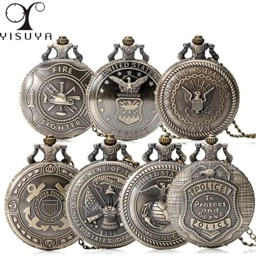 Men Quartz Pocket Watch Alloy United States Military Series Retro Style Round White Dial Pendant Watch Necklace Chain Clock Gift