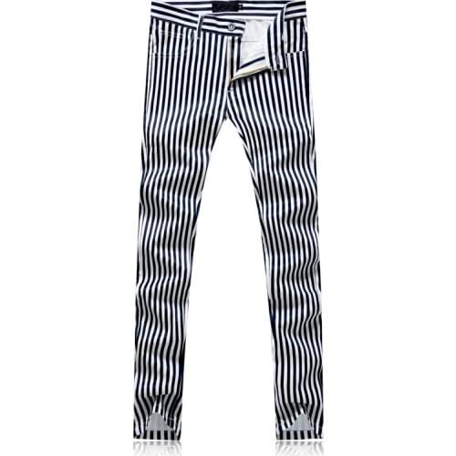 2020 New Mens Printed Black White Stripes Jeans Pants Painted Denim Joggers For Male Fashion Pattern Jeans Trousers Slim Fit