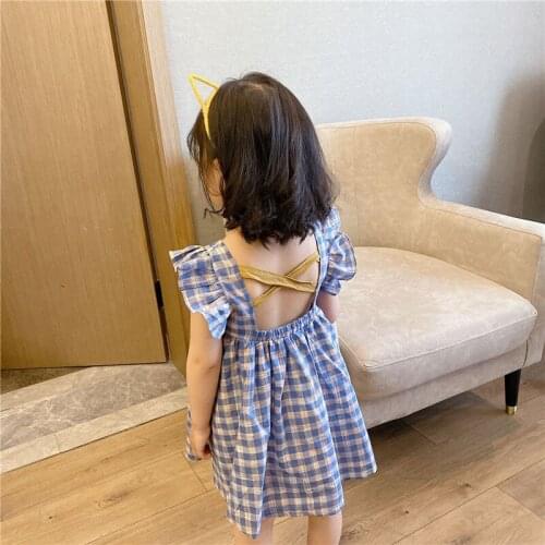 Baby Girls Blue Plaid Dress Sleeveless Backless Summer Cotton Dress 2020 New Arrival Children Princess Cute Casual Dress 12M-6Y