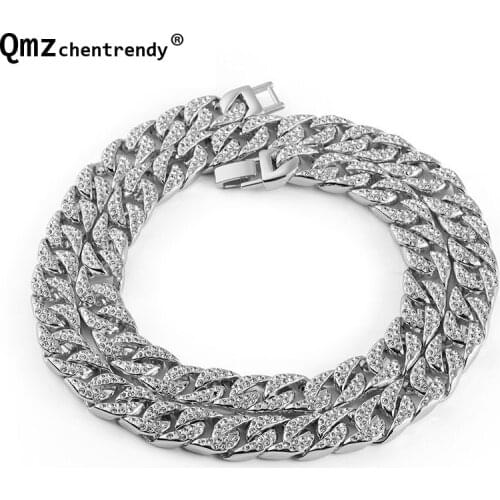 14mm Miami Curb Cuban Chain Necklace For Men Hip Hop Bling Iced Out Paved Rhinestones CZ Rapper Necklaces Jewelry