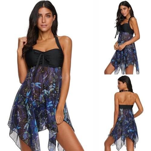 Plus Size Women Bow-knot Print Dragonfly Swimdress Swimsuit Swimwear Backless Push Up Beach Tankini Mesh Beach Bathing Suits