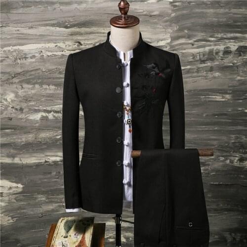 Costume Homme Vintage Fashion Retro Style Wedding Groom Suit Stand Collar Classic Men Dress Blazers Jacket Pants 2 Pieces