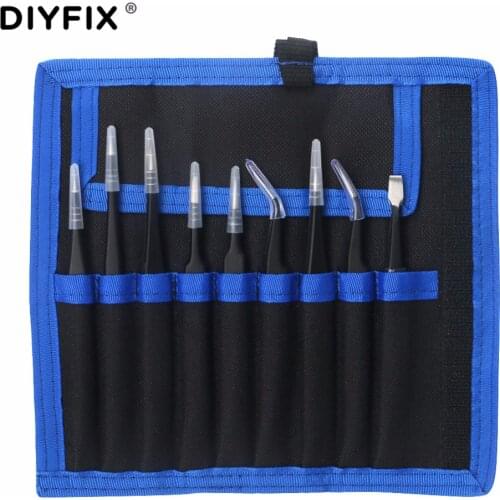 DIYFIX 9Pcs ESD Stainless Steel Tweezers Set Precision Repair Tools Kit Anti Static for Electronics Phone Repairing BGA Work