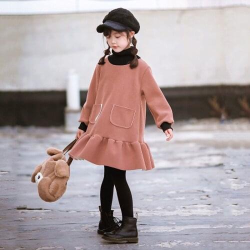 2019 New Girl Clothes Winter Velvet Dress Warmth Clothing High Collar Soild Color Long-sleeved Princess Dress