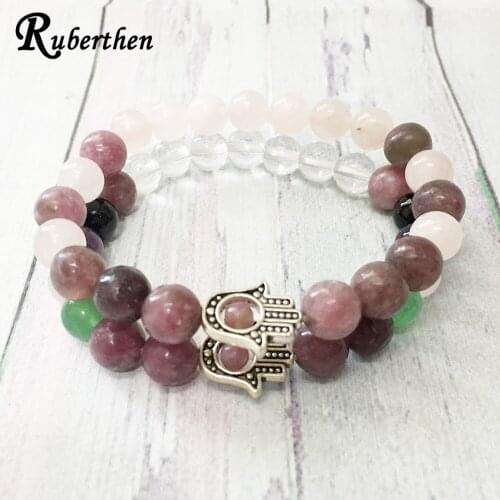 Ruberthen 2019 New Arrivals Bracelet Set Natural Lepidolite Chakra Bracelet Rose Quart z Crystal Hamsa Bracelet for Women