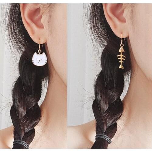 New Asymmetric Cat Fish Earrings Enamel Kawaii Kitten Fishbone Earrings Women Fashion Jewelry Gifts