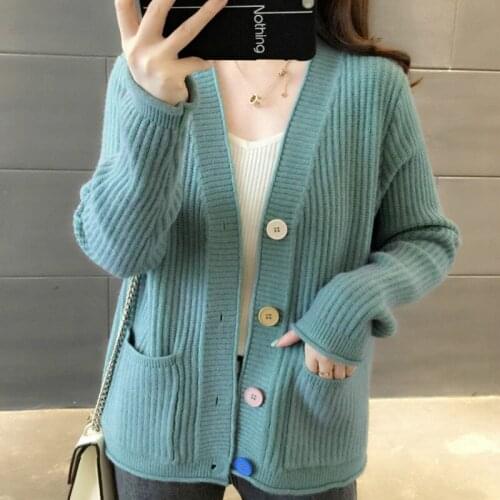 2021 autumn new V-neck sweater Korean version of the loose student knit cardigan female simple wild sweater coat