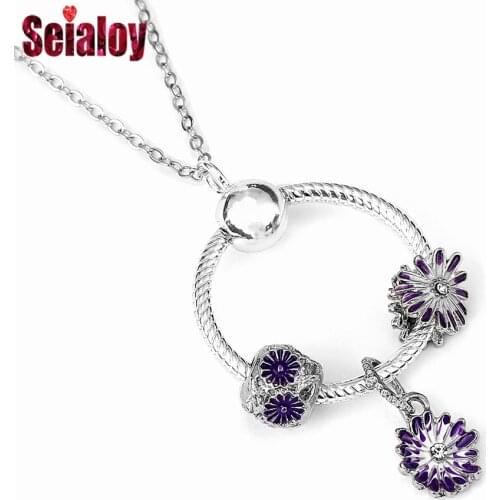 Seialoy New Purple Daisy Beaded Pendant Necklace Flower Dangle Charm Necklace For Women Original Fine Girl Collar Jewelry Gift