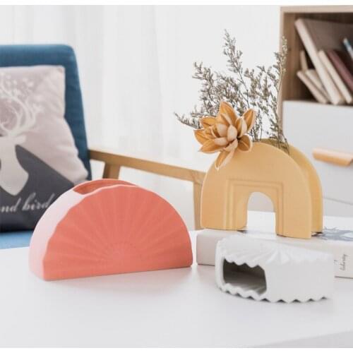 Fan-shaped Frosted Wide-mouth Ceramic Vase Ornaments Simple European Retro Large-caliber Matte Plant Pots Decorative Home Decor