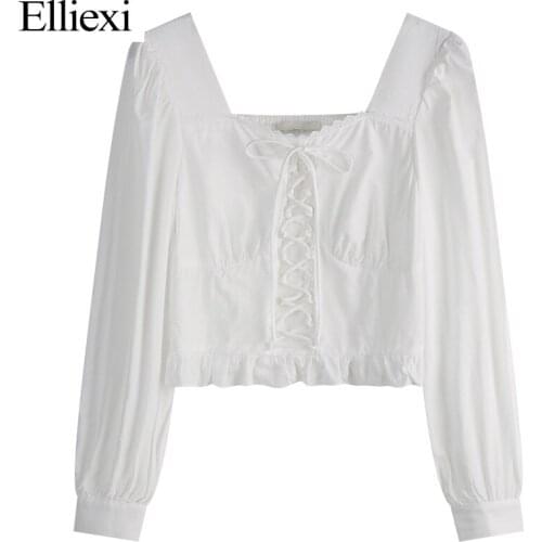 Elliexi White Bandage Blouse Spring Summer Fashion Elegant French Romantic Solid Long Sleeve Square Collar Women Blouses Shirt