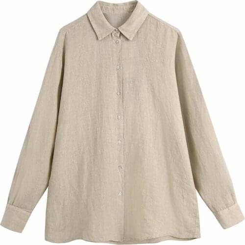 Evfer Women Summer Casual Turn-Down Collar Solid Long Linen Shirts Female Single Breasted Long Sleeve 2021 Za Khaki Sagging Tops