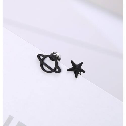 Black Planet & Star Asymmetrical Small Stud Earrings for Women
