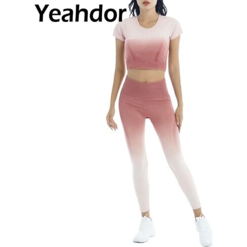 2Pcs Women Sports Suit Sportwear Round Neck Short Sleeves Hollow Out Cropped Top High Waist Pants Set Gym Fitness Sport Costume