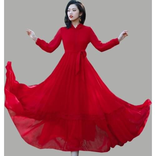 2019 Spring and summer new vintage red Chiffon Long dress women fashion Lace Hooded Ankle-Length dress Womens clothing