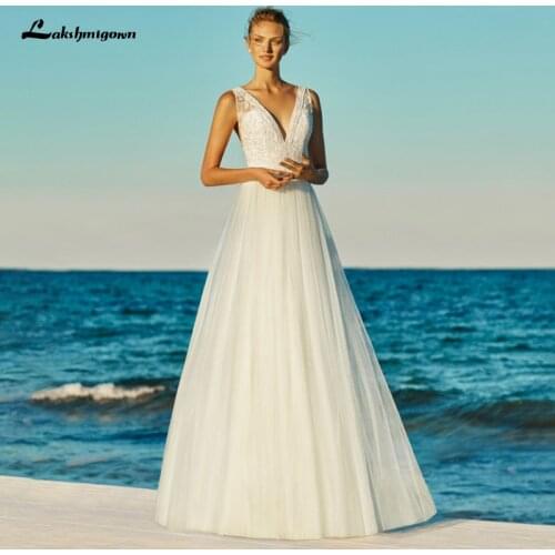 Lakshmigown Backless Boho Wedding Dress robe de mariee V-neckline Sleeveless Beach Bohemian A-line Wedding Gown vestido de novia