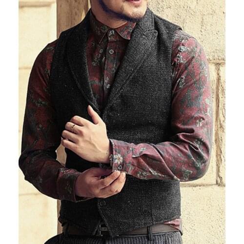 2020 Mens Suit Vest Lapel V Neck Wool Herringbone Casual Formal Business Vest Waistcoat Groomman For Wedding Green/Black/Brown