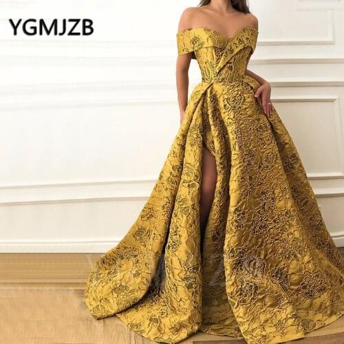 Gold Floral Long Evening Dresses 2020 Elegant Off Shoulder V-neck High Slit Sexy Saudi Arabia Women Formal Prom Gown Party Dress