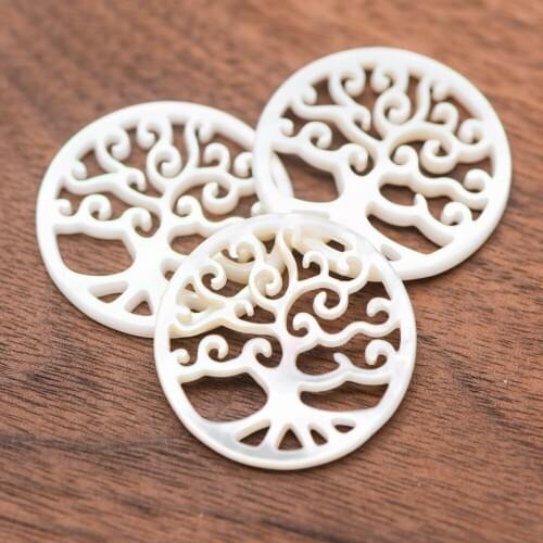 10pcs White Mother of Pearl 'Life Tree' Pendants, 25mm Round Shell Tree Charms, Hollow Cut Out Carvings -(V1261)