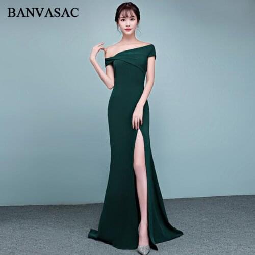 BANVASAC 2018 Boat Neck Off The Shoulder Split Mermaid Long Evening Dresses Party Satin Zipper Back Prom Gowns